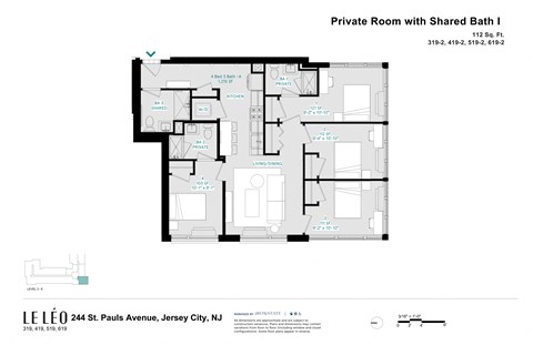 A floor plan of a private room with a shared bathroom.